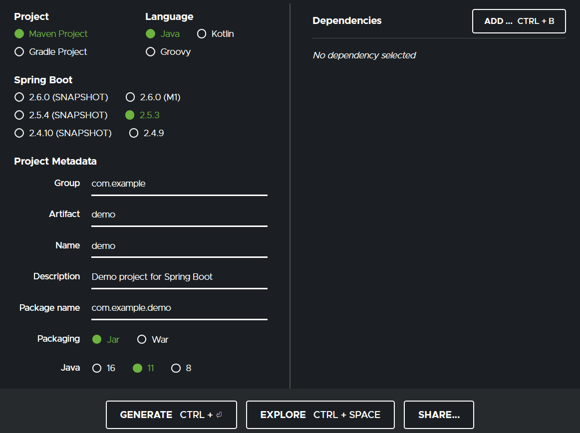 Spring initializer with simple controls letting you choose language, dependencies and various other settings