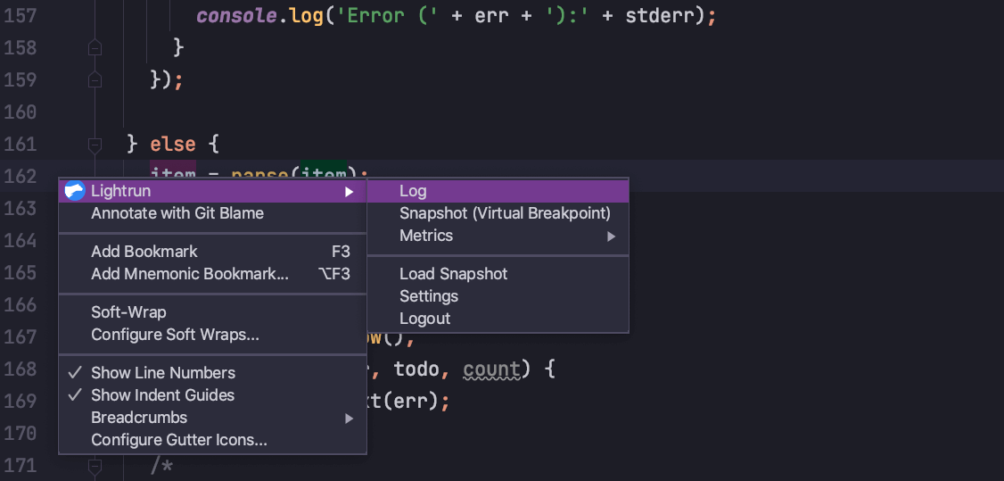 Adding a Lightrun log with a condition in IntelliJ
