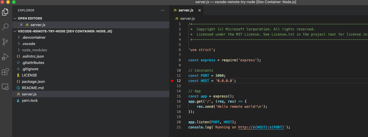 VS Code opens repo in remote container