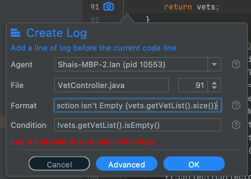Conditionally creating a log with Lightrun