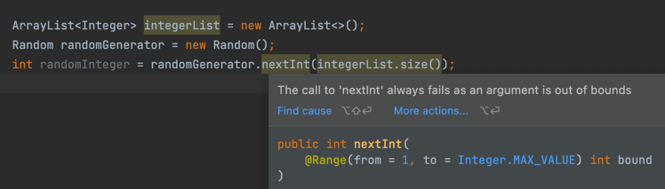 IntelliJ IDEA warns about an invalid value passed to nextInt()