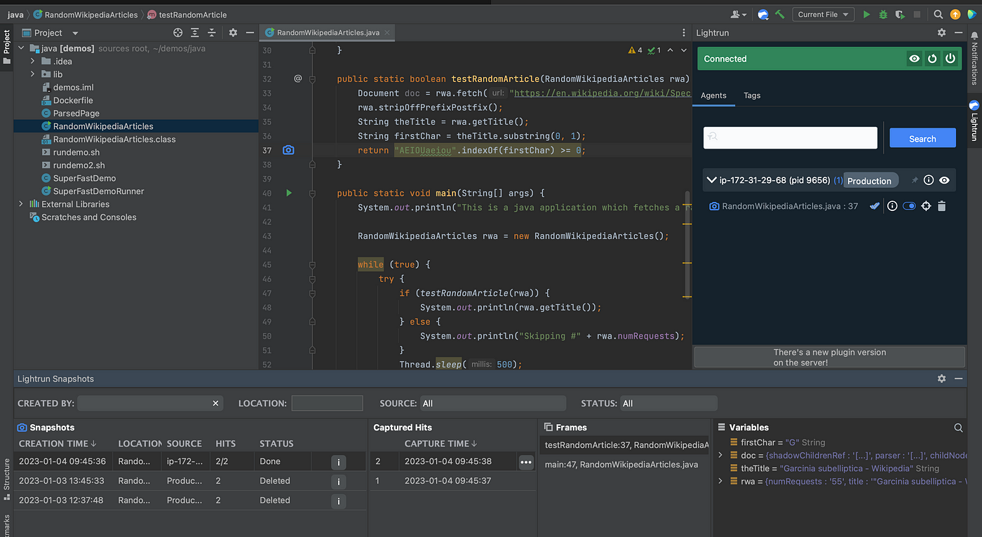 Lightrun Virtual Breakpoint (Snapshot) in Action from within IntelliJ IDE