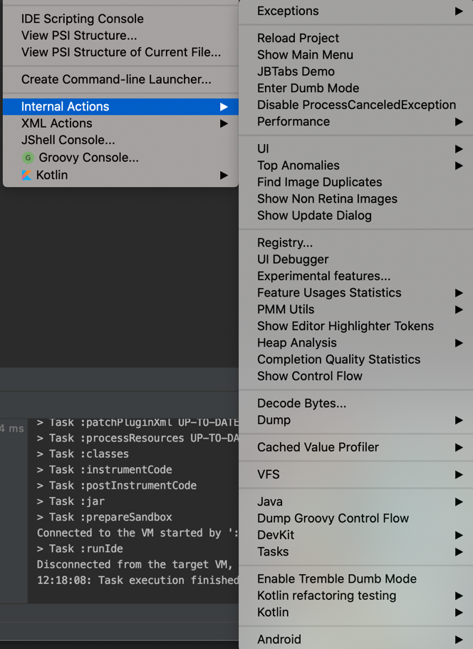 Internal Actions menu for custom plugin development in IntelliJ IDEA