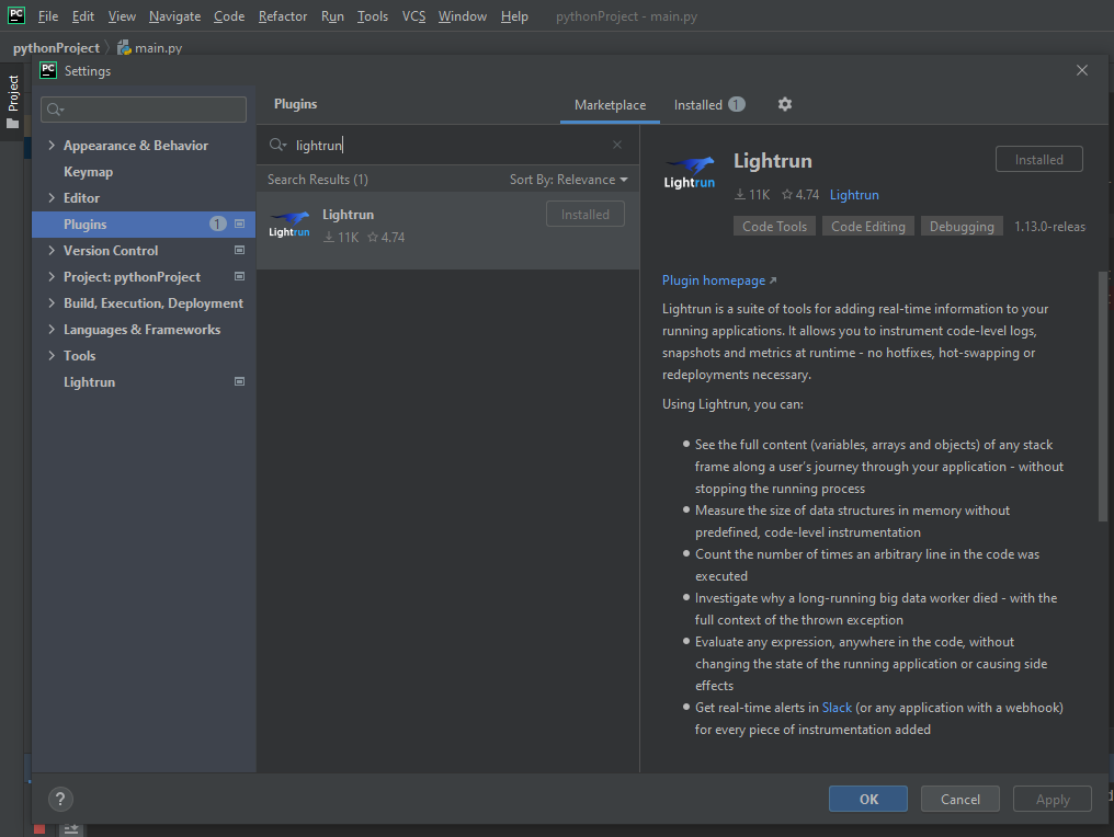 Remote debugging in PyCharm using Lightrun