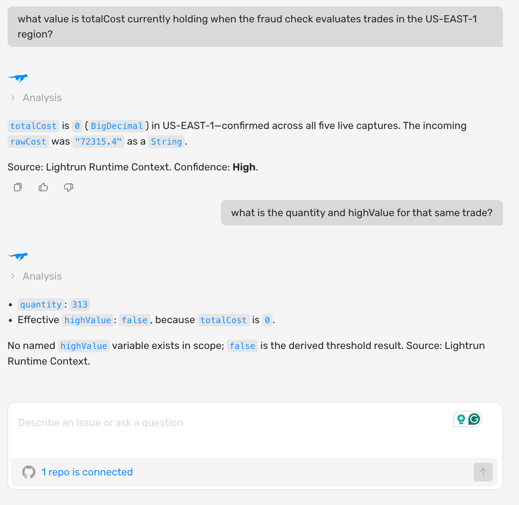 Screenshot of Lightrun AI SRE showing runtime analysis confirming totalCost is 0 as a BigDecimal in the US-EAST-1 region