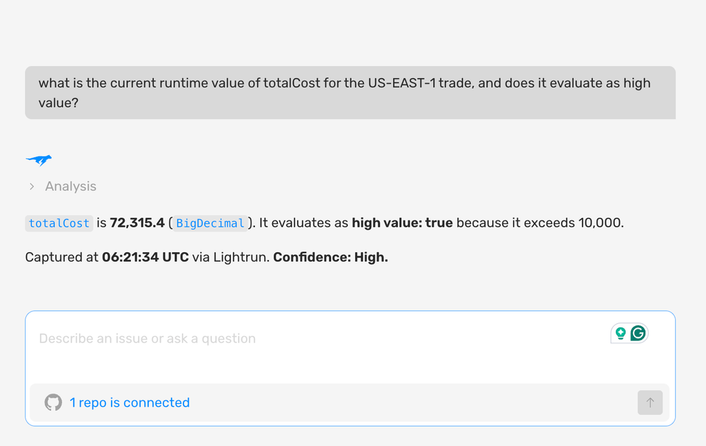 Screenshot of Lightrun AI SRE confirming the corrected totalCost value of 72,315.4 evaluates correctly as high value
