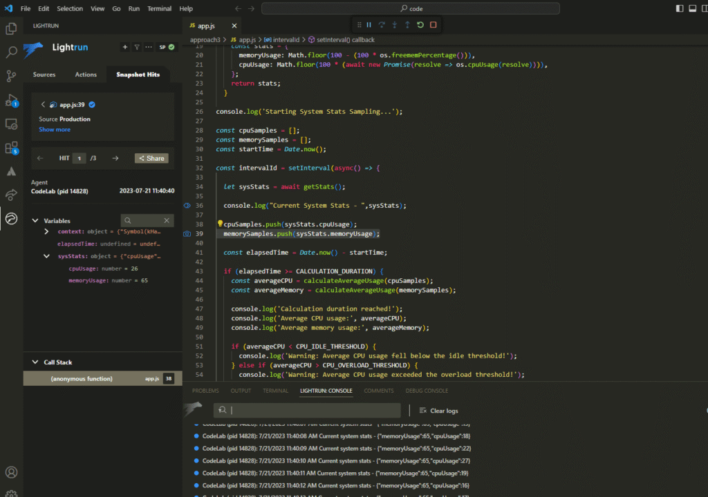 Lightrun debugging panels in VS Code
