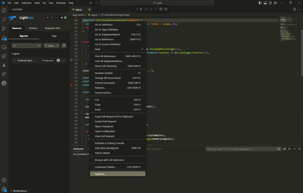 Lightrun actions in VS Code