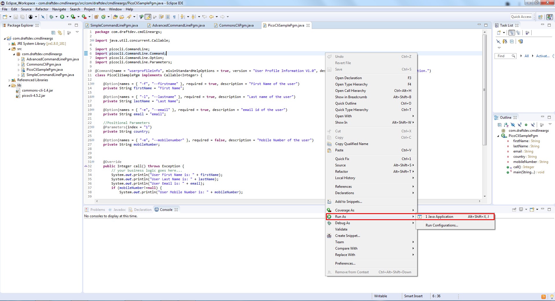 Running a Java command line class in Eclipse