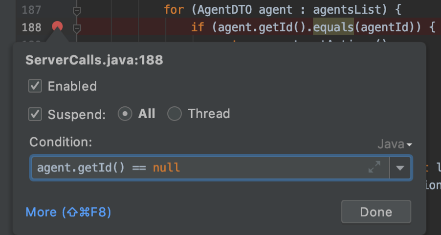 Breakpoint condition in IntelliJ IDEA