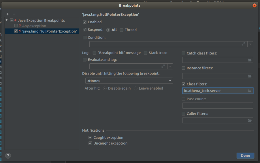 Exception breakpoint in IntelliJ IDEA