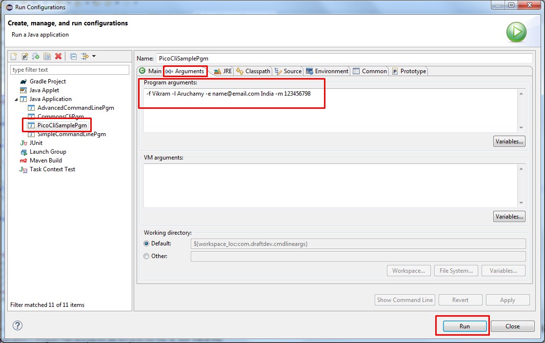 Running a Java command line class with arguments in Eclipse