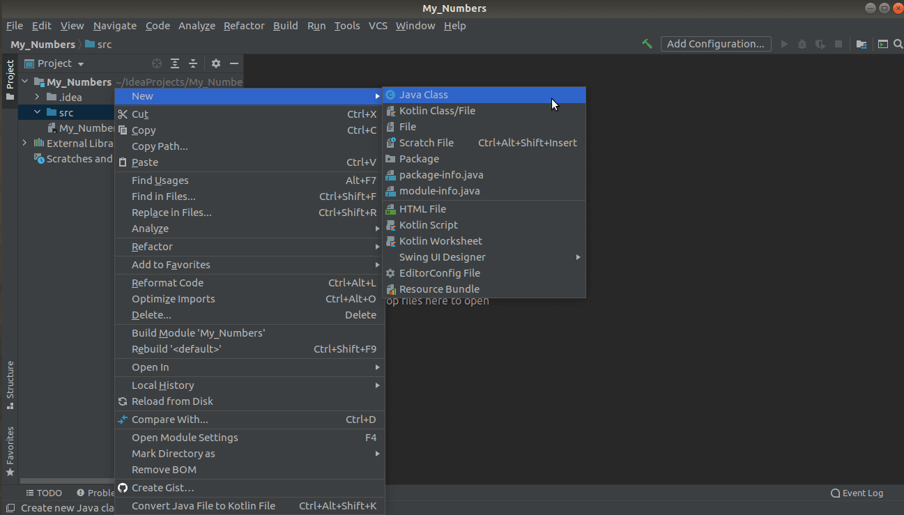 Creating a new class in IntelliJ IDEA
