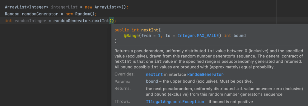 Range of nextInt() documented in IntelliJ IDEA