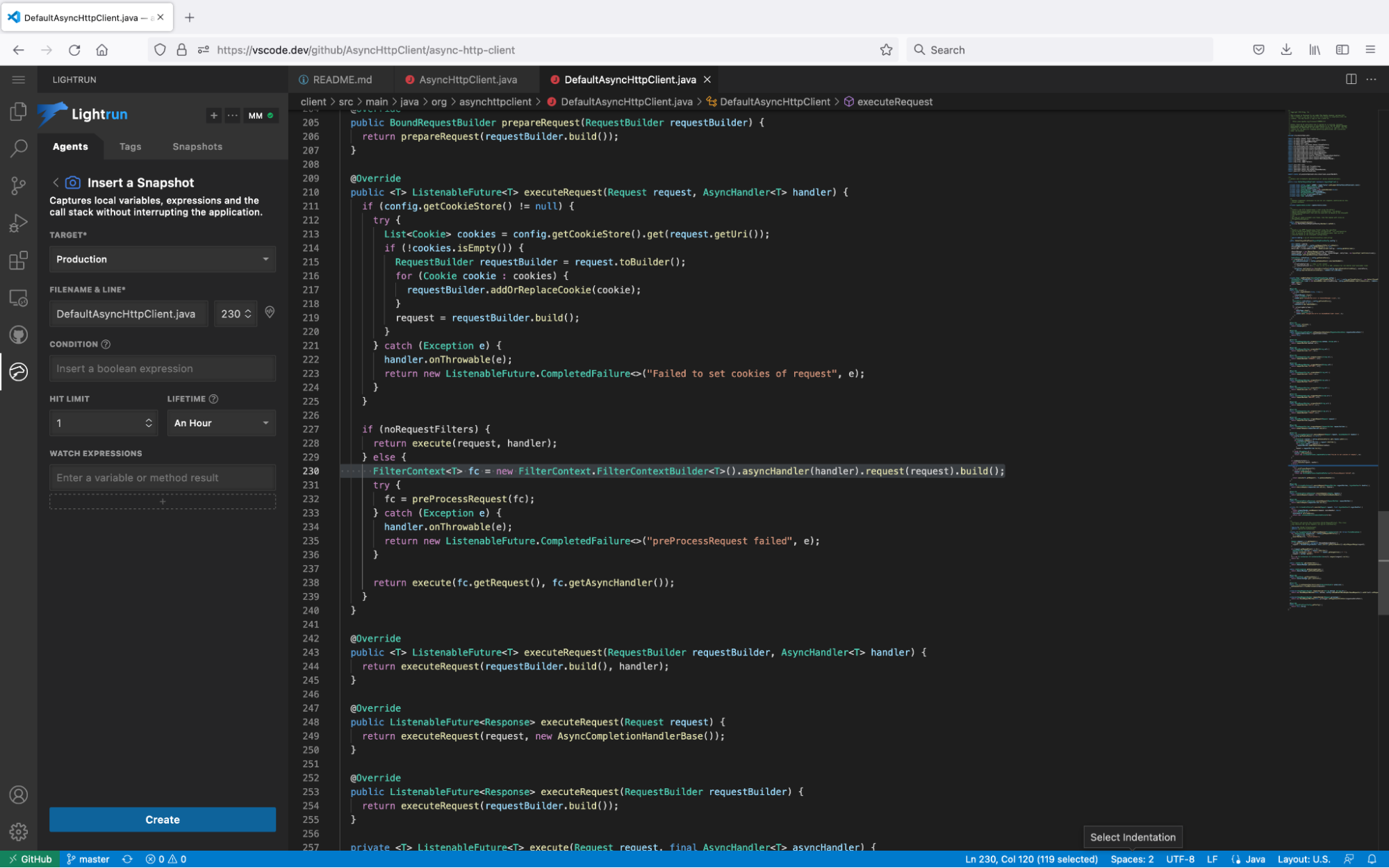 Inserting a Lightrun snapshot in VS Code for the Web
