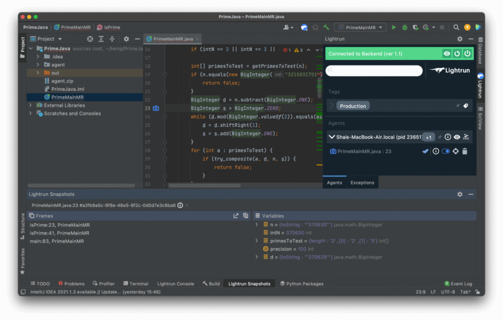 Adding a snapshot in Lightrun's IntelliJ IDEA plugin