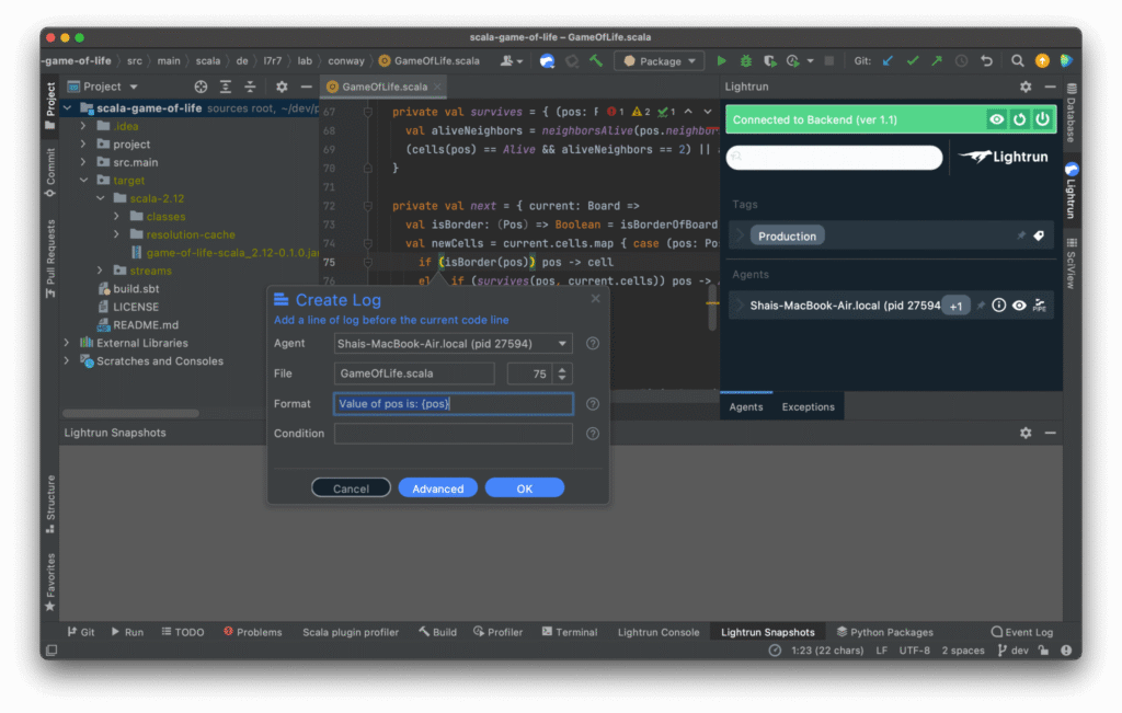 Defining formatting for a Lightrun log in a Scala application