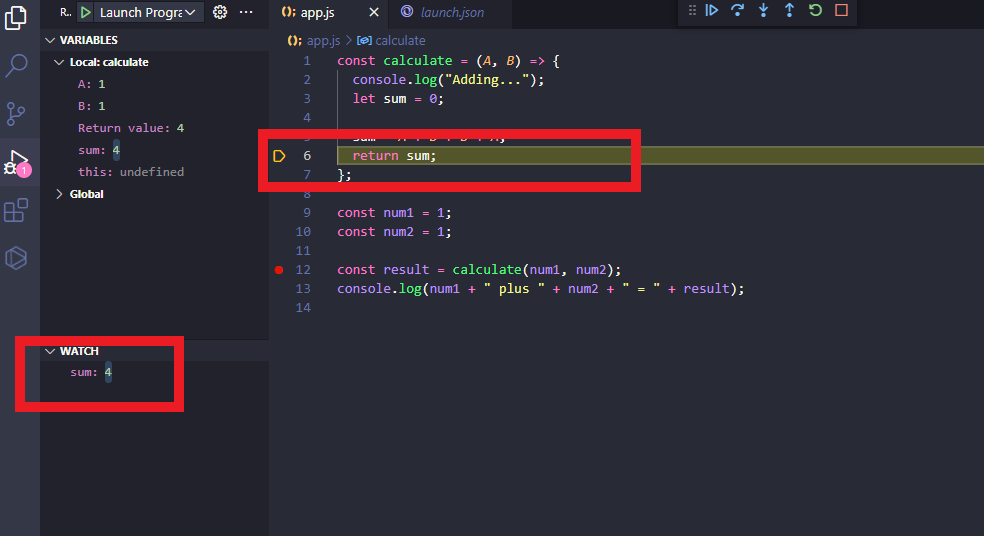 Finding the offending line on code in VSCode's Node.js debugger