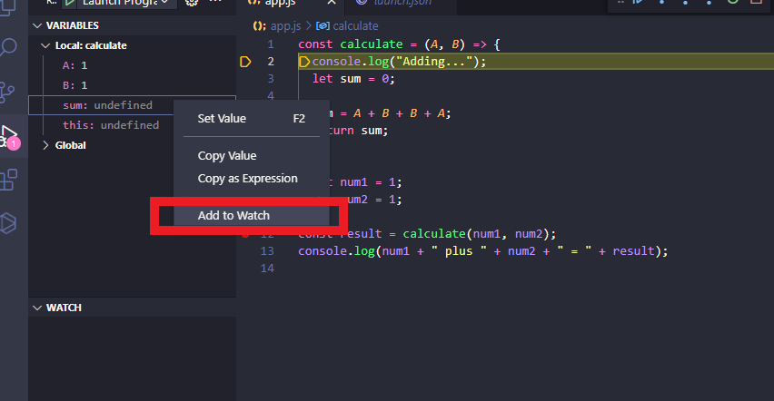 Adding a watch in VSCode's Node.js debugger