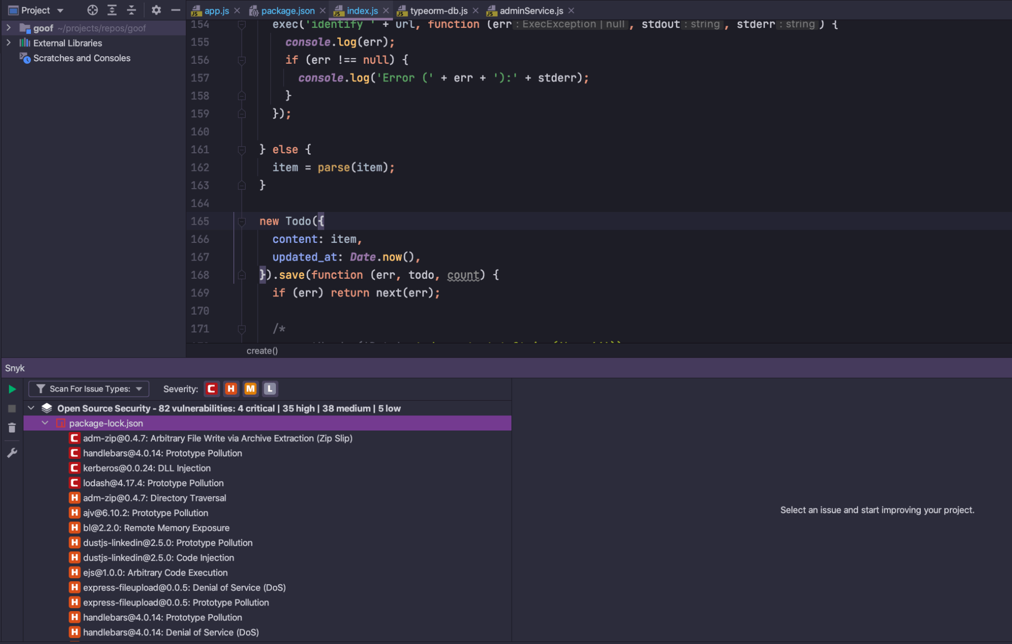 Snyk Open Source security scan results