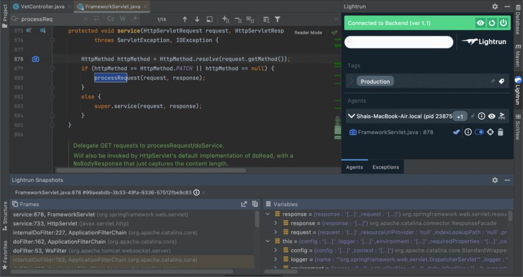 Debugging Spring with Lightrun's logs and snapshots