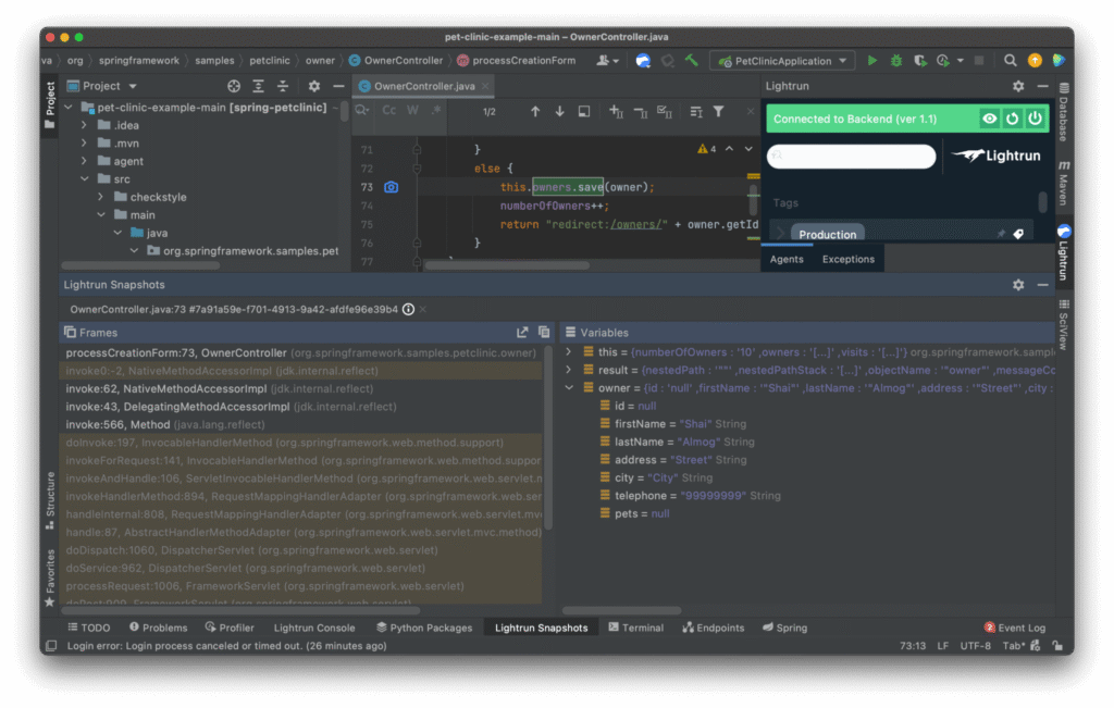 Lightrun shows frames and variables for a snapshot, as if it's a regular breakpoint