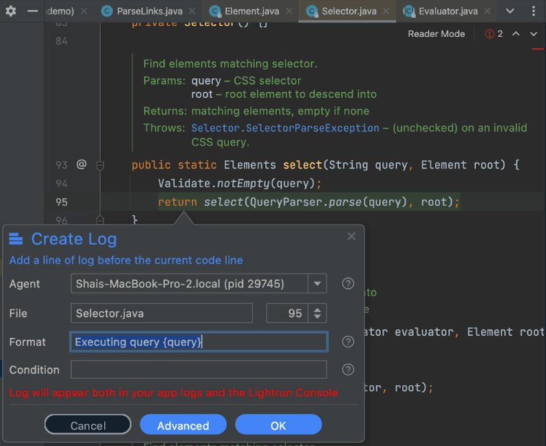 Formatting a virtual log in Lightrun