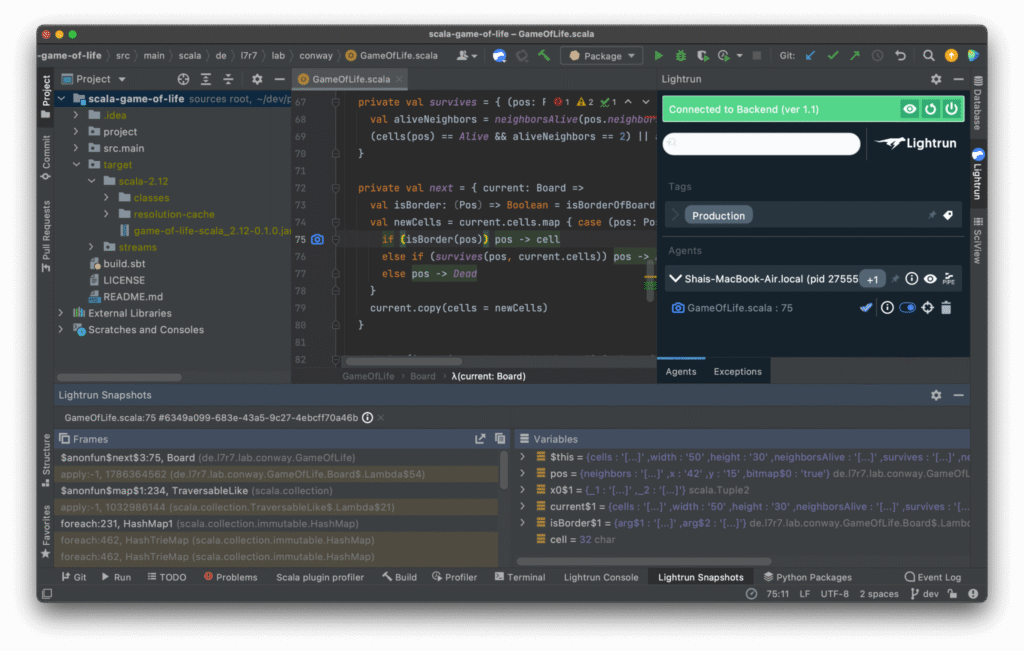 Adding a Lightrun snapshot in a Scala application