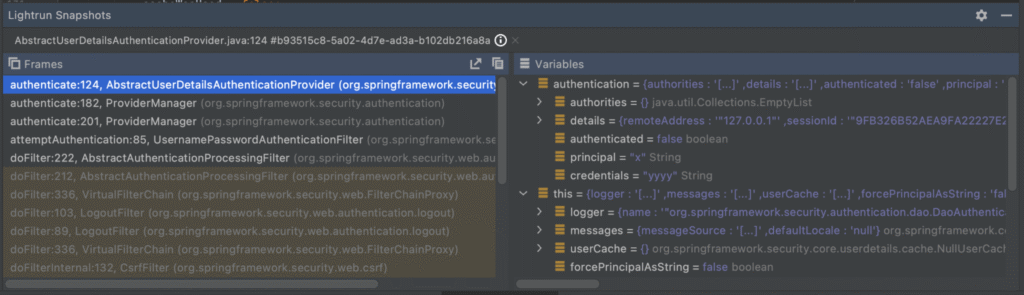Stack frames and variables made available by a Lightrun snapshot