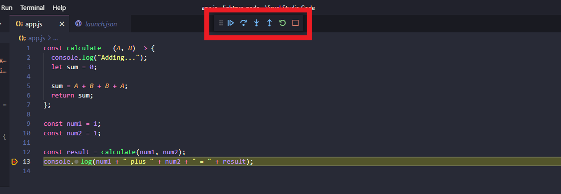 VSCode debugger control panel