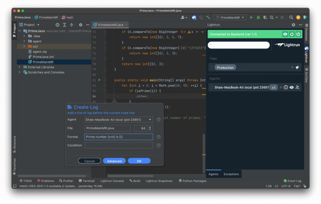Creating a log in Lightrun's IntelliJ plugin