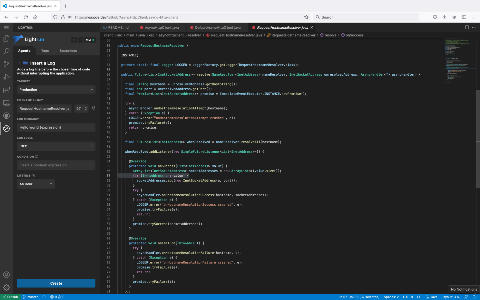 Inserting a Lightrun virtual log in VS Code for the Web