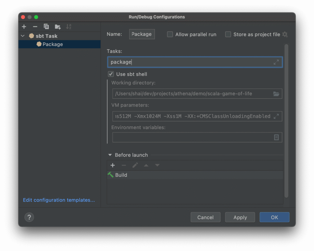 Adding a task configuration for a Scala project in IntelliJ IDEA