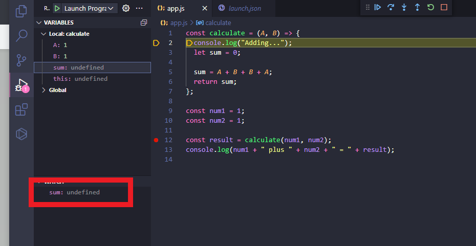 Undefined watch value in VSCode's Node.js debugger