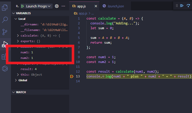 Variable values in VSCode's Node.js debugger
