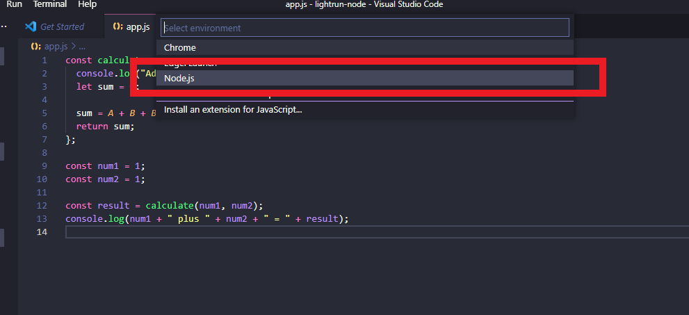 Selecting Node.js as debugging environment in VSCode