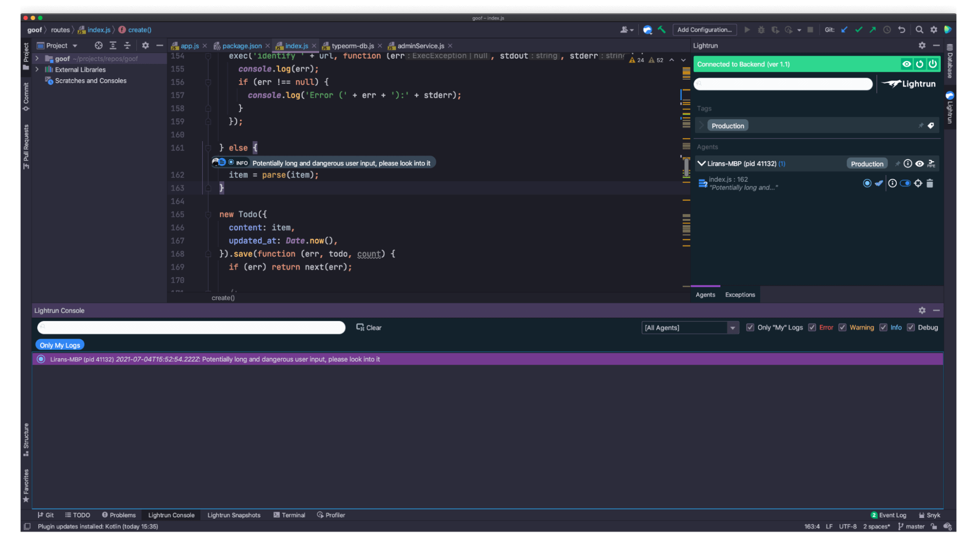Virtual log entry in the Lightrun console