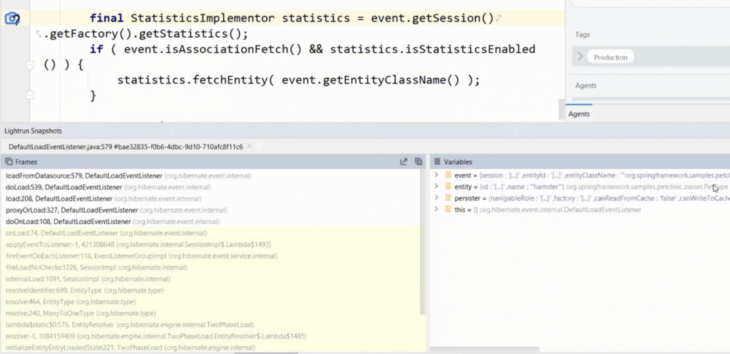 Stack frames shown in Lightrun Snapshots view