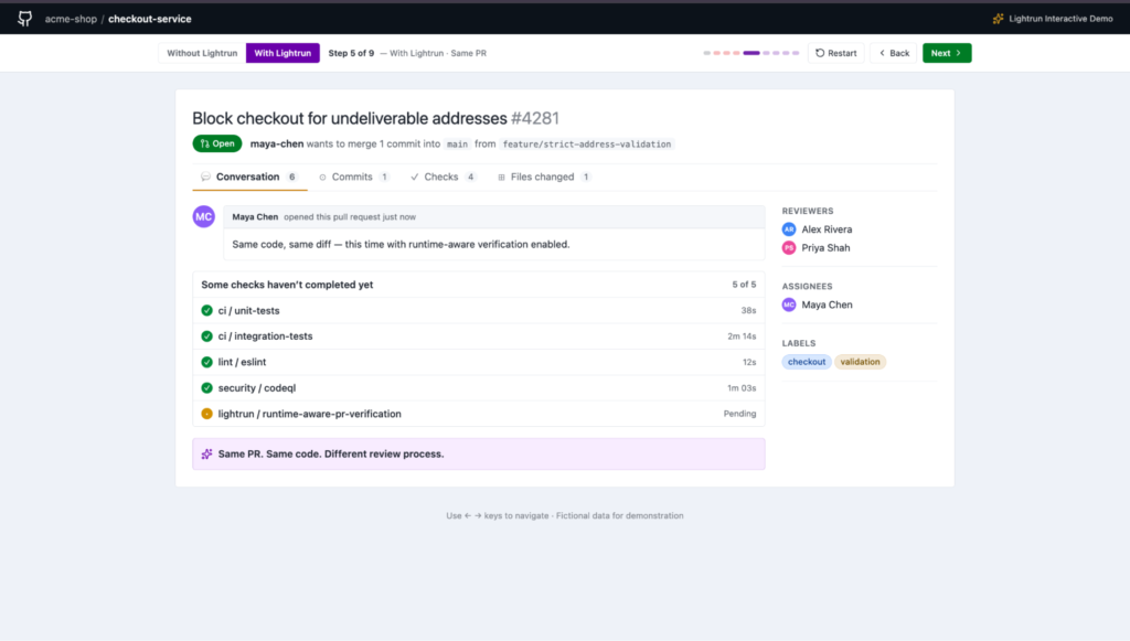GitHub pull request showing a Lightrun bot comment flagging a production regression that would block 711 valid checkouts with an actionable fix recommendation