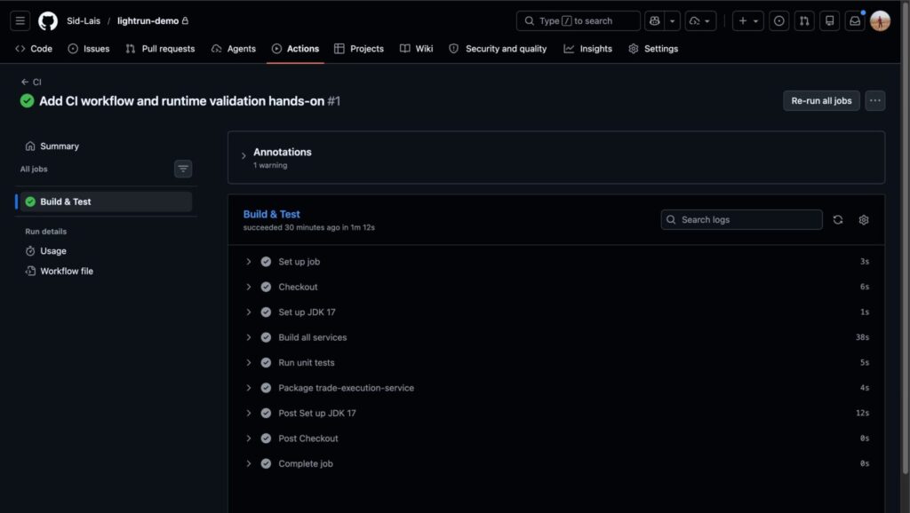 GitHub Actions CI workflow showing all stages passing — Set up job, Checkout, JDK 17, Build, Unit tests — despite a broken reflection setter in the artifact