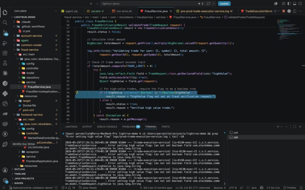 Lightrun variables panel showing request.isHighValue() returning false (boolean) for a $15,512.40 MSFT trade, with full call stack confirming a live production HTTP request