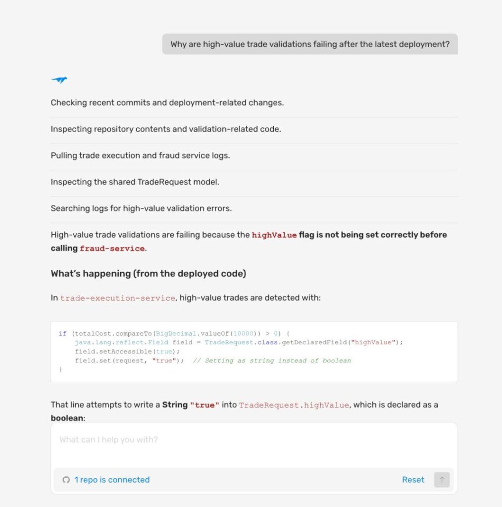 Lightrun AI SRE interface showing root cause analysis of high-value trade validation failures, identifying that the highValue flag is being set as a String instead of a boolean in the deployed code