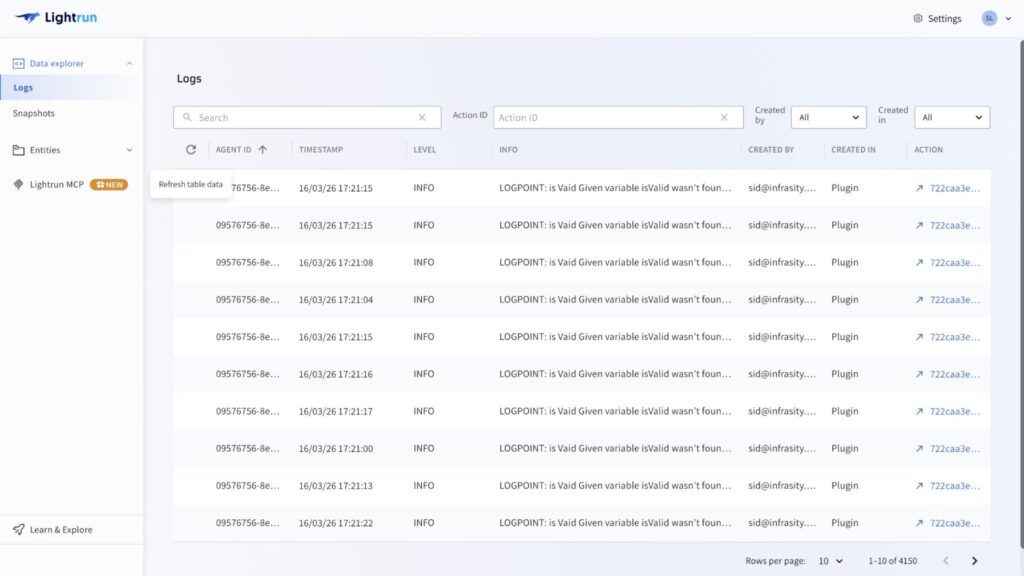 Lightrun platform dashboard showing live logpoint captures from a running service, with agent ID, timestamps, and info-level log entries captured without code modification