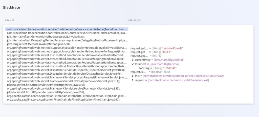 Lightrun variables panel showing request.isHighValue() returning false (boolean) for a $15,512.40 MSFT trade, with full call stack confirming a live production HTTP request