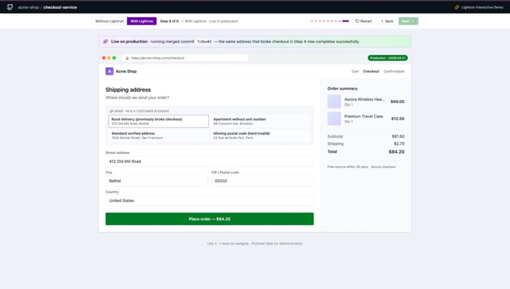 Acme Shop checkout page showing the same previously blocked address now completing successfully after the corrected PR was merged