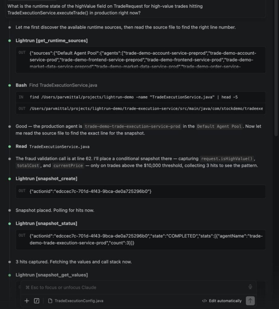 Claude Code chat panel in VS Code showing Lightrun MCP placing a conditional snapshot on TradeExecutionService.java at the fraud validation line in live production