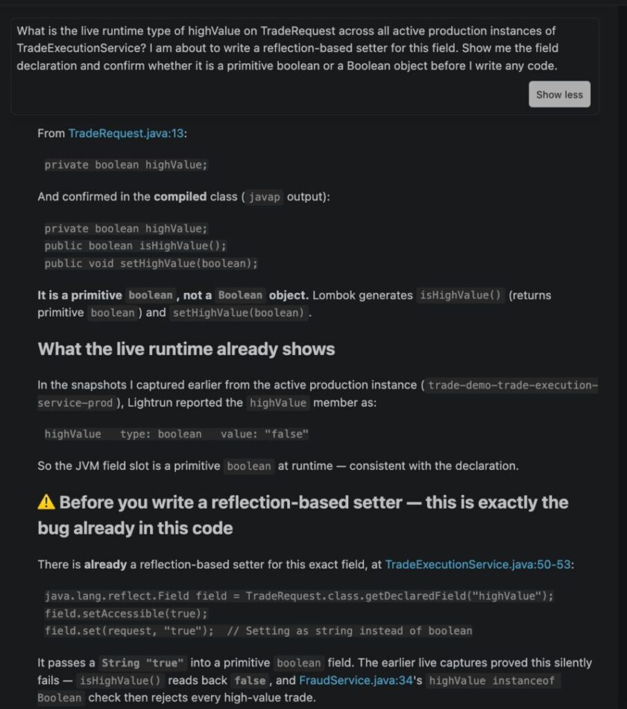 Lightrun AI SRE automatically generating a Jira incident ticket and linking a Notion root cause analysis after identifying a production issue