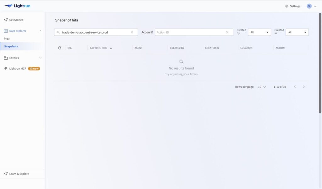 Lightrun Snapshot hits panel showing zero captured invocations for account-service, confirming the vulnerable deserialization path is never reached