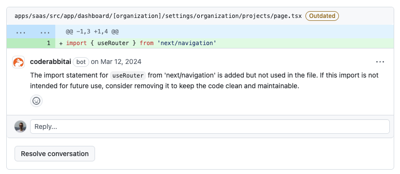 Screenshot of CodeRabbit AI review comment flagging an unused import in a pull request