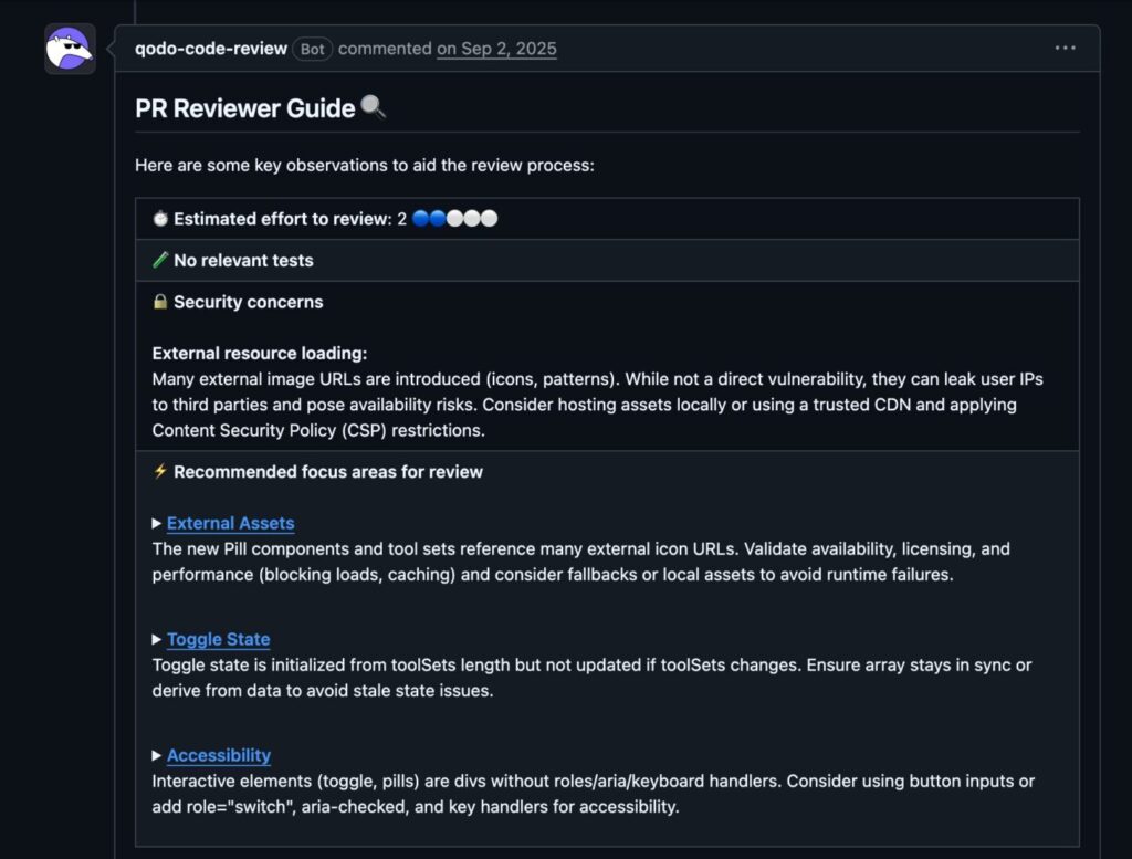 Screenshot of Qodo PR Reviewer Guide highlighting security concerns and review focus areas